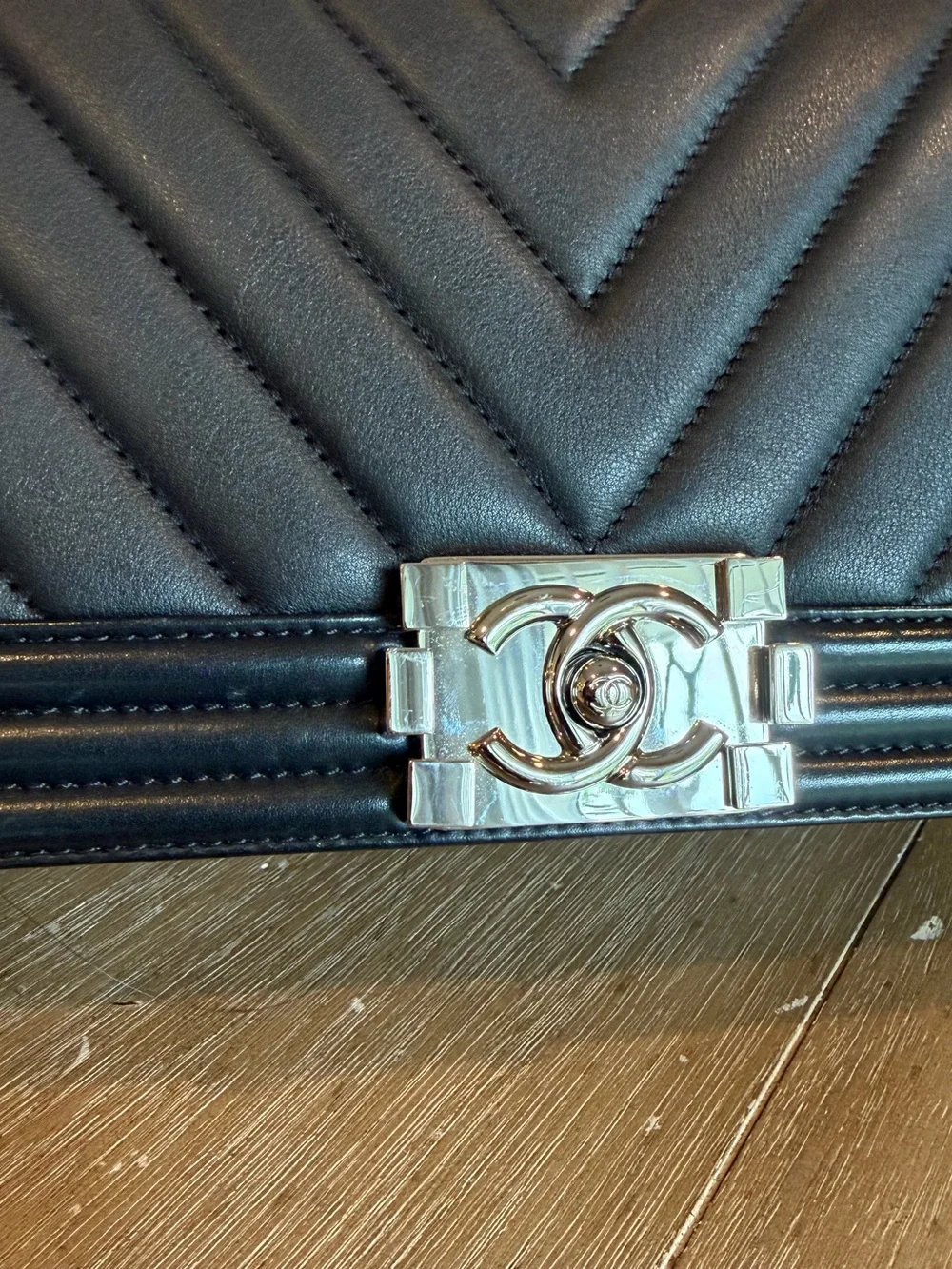 CHANEL Black Chevron Quilted Le Boy Bag with rare Silver-Tone Hardware